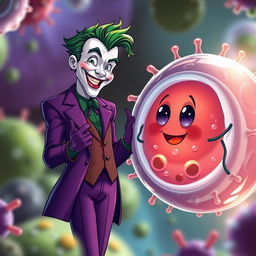 A semi-realistic illustration of the Joker character, showcasing his iconic purple suit and wild green hair, warmly greeting a detailed, semi-realistic animal cell