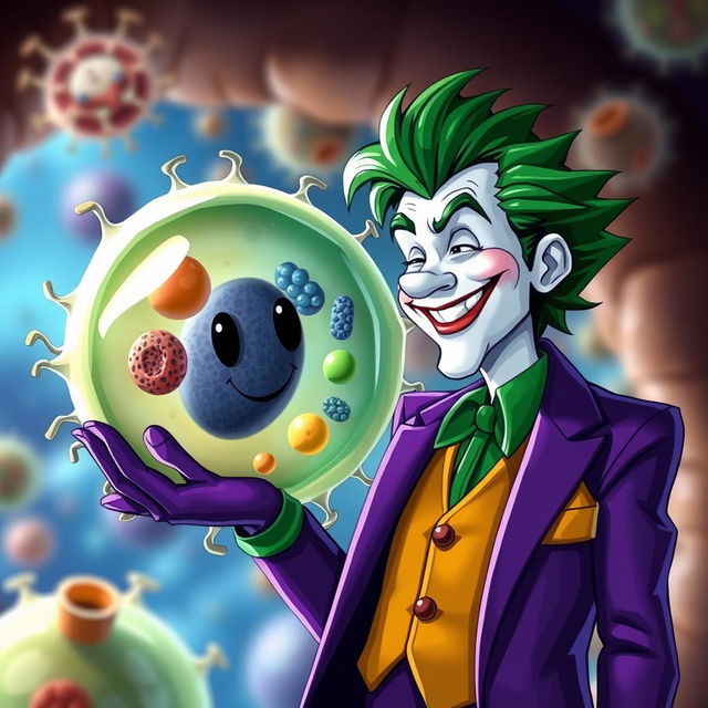 A semi-realistic illustration of the Joker character, showcasing his iconic purple suit and wild green hair, warmly greeting a detailed, semi-realistic animal cell