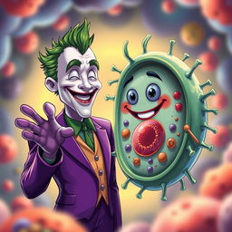 A semi-realistic illustration of the Joker character, showcasing his iconic purple suit and wild green hair, warmly greeting a detailed, semi-realistic animal cell