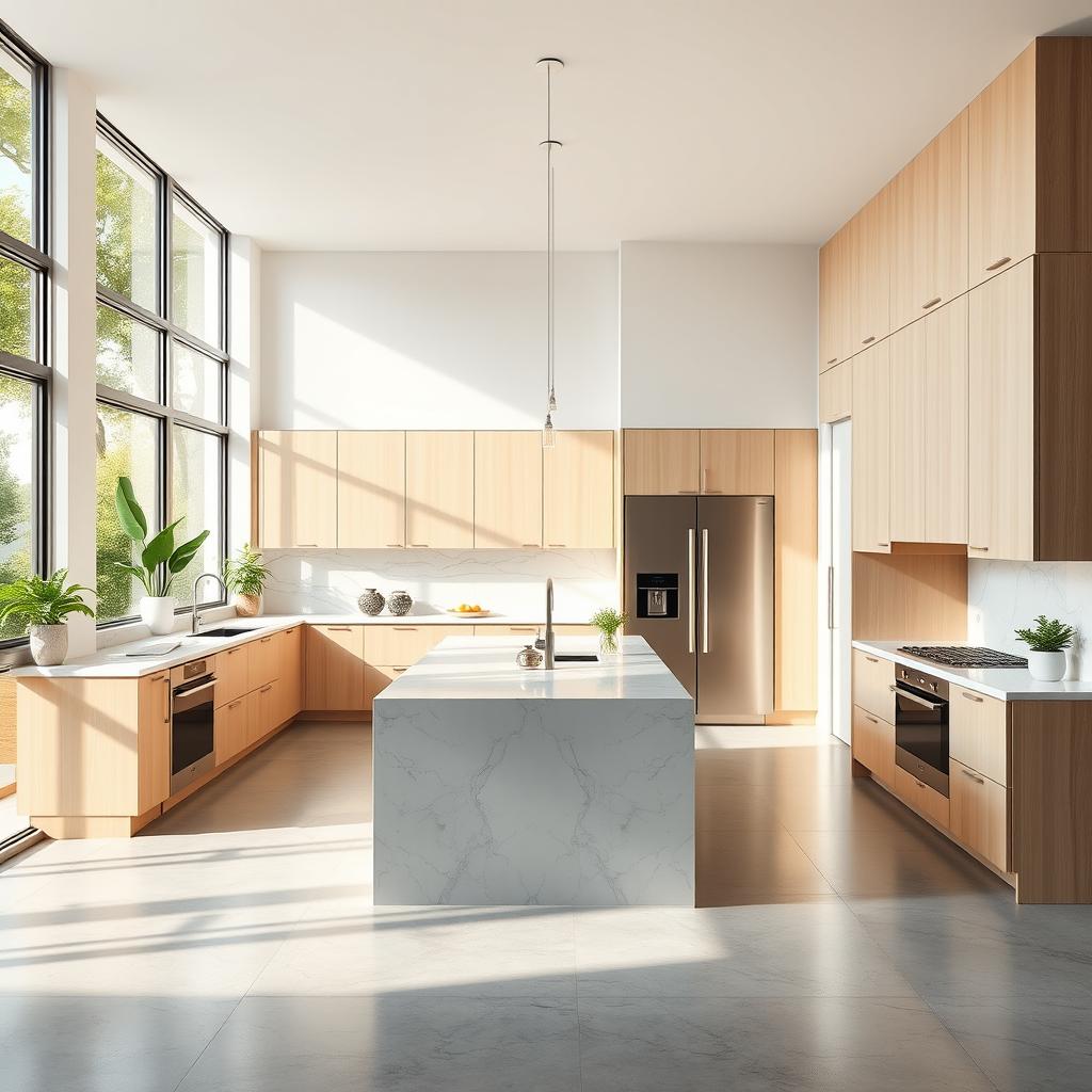 A modern kitchen design for 2024 featuring sleek cabinetry, state-of-the-art appliances, and a minimalist aesthetic