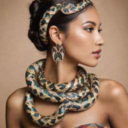 A graceful snake adorned with aesthetic elements of traditional world cultures. Its scales shimmer in patterns inspired by diverse ethnic textiles, jewellery, and body art, creating a stunning parade of culture and fashion.