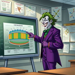 A realistic illustration of the Joker character, wearing his signature purple suit and sporting his wild green hair, passionately explaining the functions of the cell membrane in a classroom filled with scientific posters