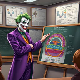 A realistic illustration of the Joker character, wearing his signature purple suit and sporting his wild green hair, passionately explaining the functions of the cell membrane in a classroom filled with scientific posters