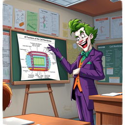 A realistic illustration of the Joker character, wearing his signature purple suit and sporting his wild green hair, passionately explaining the functions of the cell membrane in a classroom filled with scientific posters