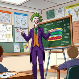 A realistic illustration of the Joker character, wearing his signature purple suit and sporting his wild green hair, passionately explaining the functions of the cell membrane in a classroom filled with scientific posters