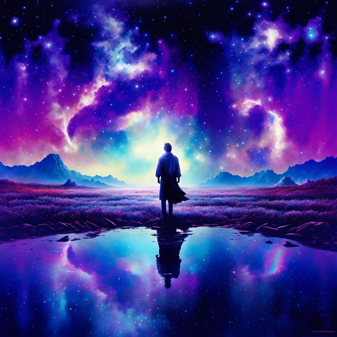 A digital painting of a surreal cosmic landscape with a lone figure gazing at the swirling vortex of vibrant purples and blues in the sky. The album title and band's name are incorporated into the scene.