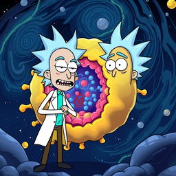 Rick from "Rick and Morty" standing next to a stylized cell membrane, with vibrant colors and intricate details showcasing the structure of the membrane, including phospholipid bilayers and embedded proteins