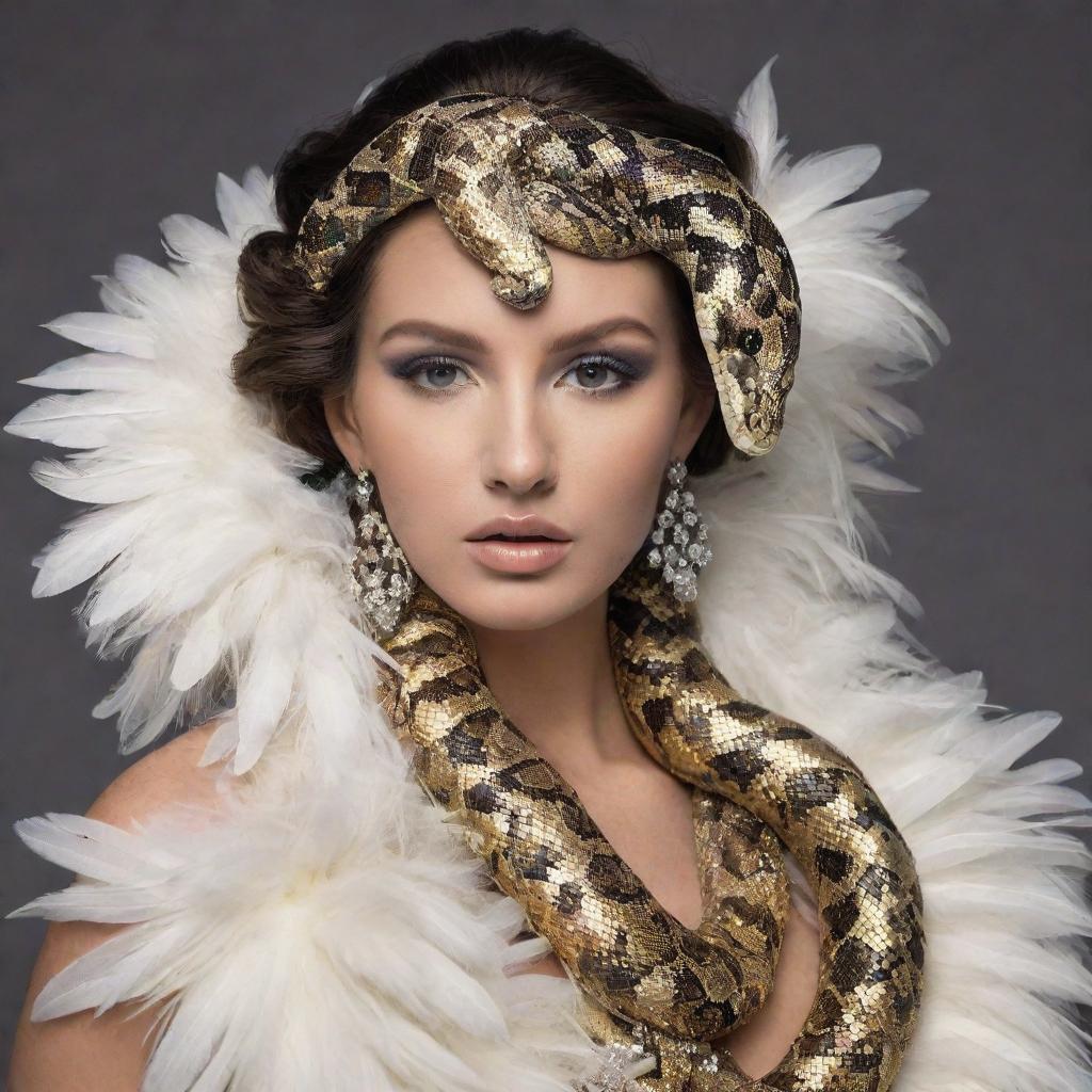 An elegant snake draped in luxury fashion elements such as a  feathered boa and adorned with tasteful jewelry, its scales shimmering in the light.