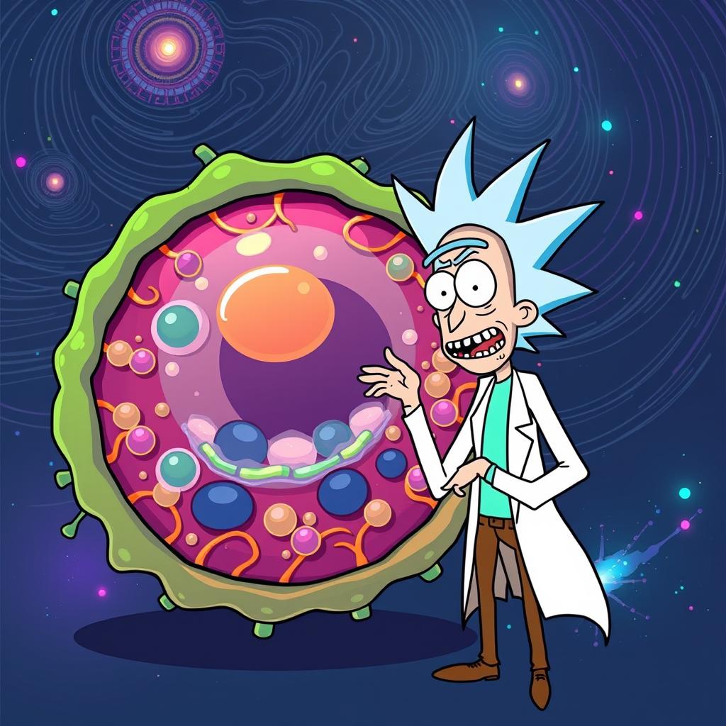 Rick from "Rick and Morty" standing next to a stylized cell membrane, with vibrant colors and intricate details showcasing the structure of the membrane, including phospholipid bilayers and embedded proteins