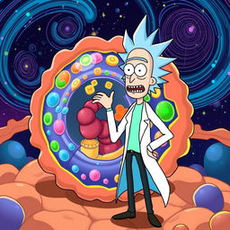 Rick from "Rick and Morty" standing next to a stylized cell membrane, with vibrant colors and intricate details showcasing the structure of the membrane, including phospholipid bilayers and embedded proteins