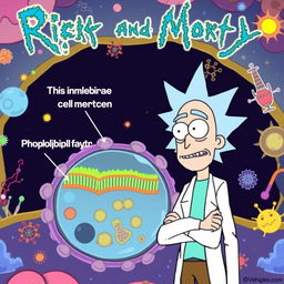 Rick from "Rick and Morty" standing next to a cell membrane, showcasing the detailed structure of the membrane including the phospholipid bilayer and protein molecules