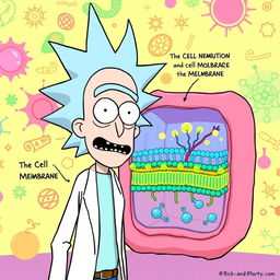 Rick from "Rick and Morty" standing next to a cell membrane, showcasing the detailed structure of the membrane including the phospholipid bilayer and protein molecules