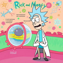 Rick from "Rick and Morty" standing next to a cell membrane, showcasing the detailed structure of the membrane including the phospholipid bilayer and protein molecules