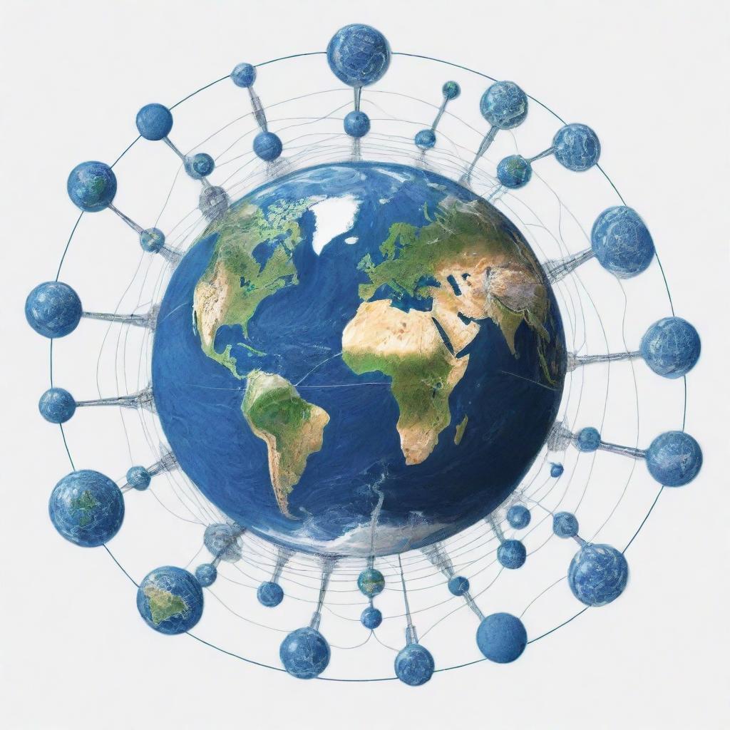 A comprehensive drawing capturing the concept of global networking, featuring symbols of connectivity like nodes, undersea cables, satellites, and computers, all encapsulated in a depiction of the Earth.