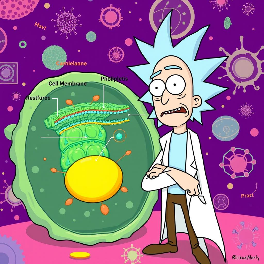 Rick from "Rick and Morty" standing next to a cell membrane, showcasing the detailed structure of the membrane including the phospholipid bilayer and protein molecules