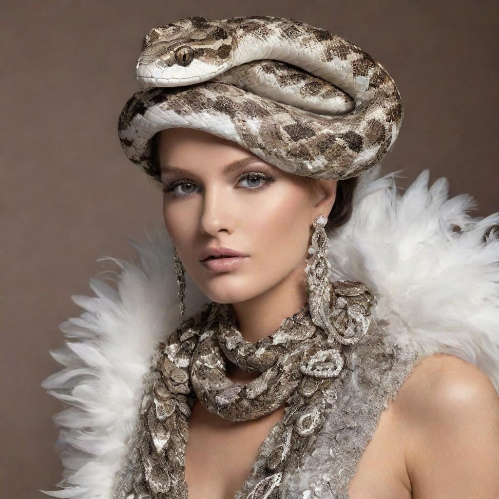 An elegant snake draped in luxury fashion elements such as a  feathered boa and adorned with tasteful jewelry, its scales shimmering in the light.