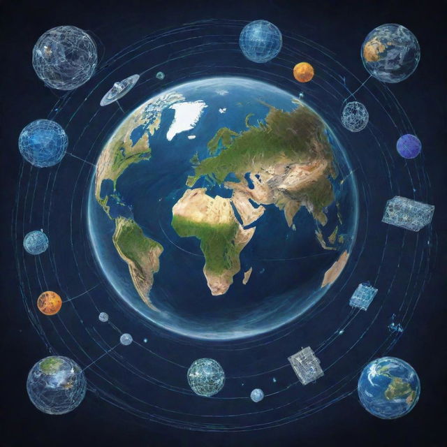 A comprehensive drawing capturing the concept of global networking, featuring symbols of connectivity like nodes, undersea cables, satellites, and computers, all encapsulated in a depiction of the Earth.