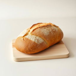 A minimalistic image of a loaf of freshly baked bread, placed on a simple wooden cutting board