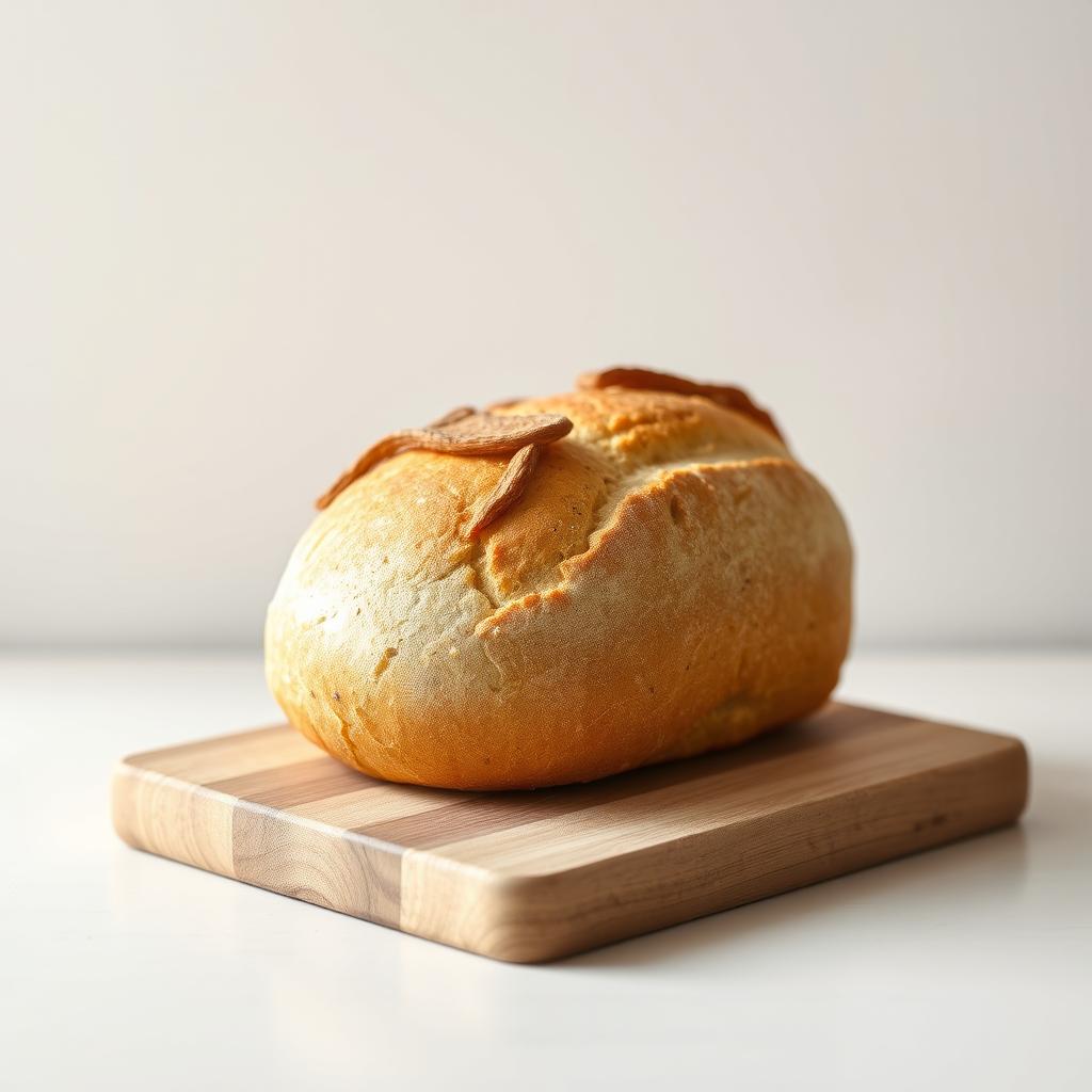 A minimalistic image of a loaf of freshly baked bread, placed on a simple wooden cutting board