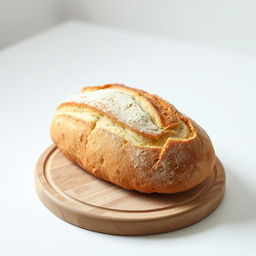 A minimalistic image of a loaf of freshly baked bread, placed on a simple wooden cutting board