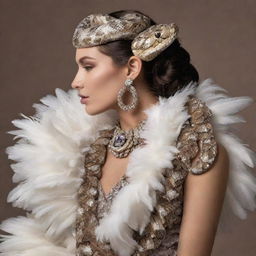 An elegant snake draped in luxury fashion elements such as a  feathered boa and adorned with tasteful jewelry, its scales shimmering in the light.