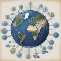 A comprehensive drawing capturing the concept of global networking, featuring symbols of connectivity like nodes, undersea cables, satellites, and computers, all encapsulated in a depiction of the Earth.