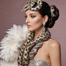 An elegant snake draped in luxury fashion elements such as a  feathered boa and adorned with tasteful jewelry, its scales shimmering in the light.