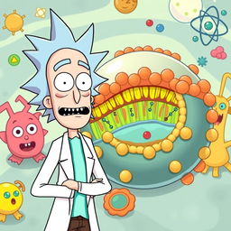 Rick from "Rick and Morty" standing humorously next to a detailed cell membrane