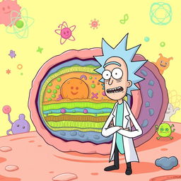 Rick from "Rick and Morty" standing humorously next to a detailed cell membrane