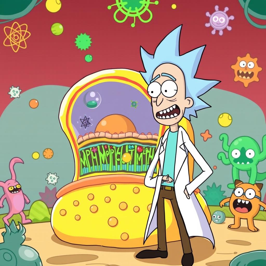 Rick from "Rick and Morty" standing humorously next to a detailed cell membrane