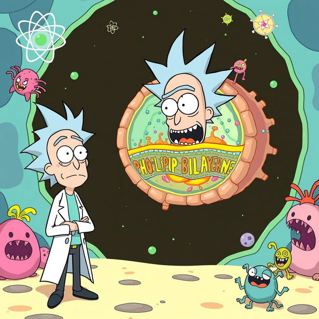 Rick from "Rick and Morty" standing humorously next to a detailed cell membrane