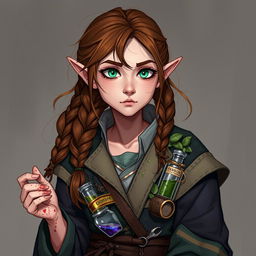 Calista, portrayed in the style of DnD character art, is a half-elf with a slight build and sharp, intelligent features