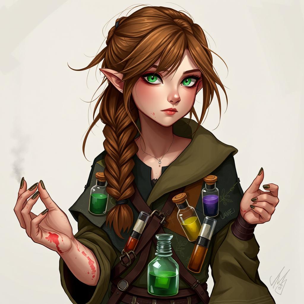 Calista, portrayed in the style of DnD character art, is a half-elf with a slight build and sharp, intelligent features