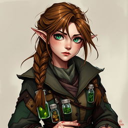 Calista, portrayed in the style of DnD character art, is a half-elf with a slight build and sharp, intelligent features