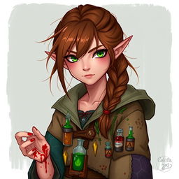 Calista, portrayed in the style of DnD character art, is a half-elf with a slight build and sharp, intelligent features