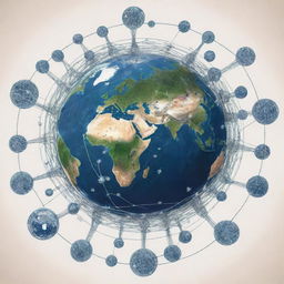 A comprehensive drawing capturing the concept of global networking, featuring symbols of connectivity like nodes, undersea cables, satellites, and computers, all encapsulated in a depiction of the Earth.