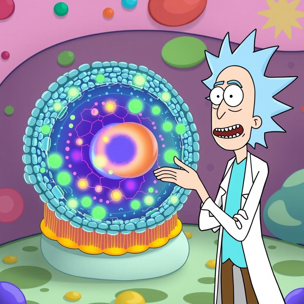 Rick from "Rick and Morty" standing next to a detailed depiction of a glycocalyx or plasma membrane, illustrating the intricate structure of the cell surface with carbohydrates and glycoproteins shimmering in bright colors