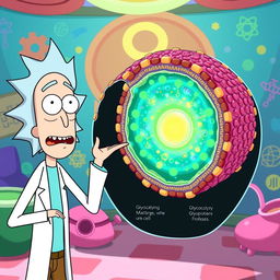 Rick from "Rick and Morty" standing next to a detailed depiction of a glycocalyx or plasma membrane, illustrating the intricate structure of the cell surface with carbohydrates and glycoproteins shimmering in bright colors