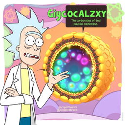 Rick from "Rick and Morty" standing next to a detailed depiction of a glycocalyx or plasma membrane, illustrating the intricate structure of the cell surface with carbohydrates and glycoproteins shimmering in bright colors