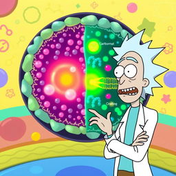 Rick from "Rick and Morty" standing next to a detailed depiction of a glycocalyx or plasma membrane, illustrating the intricate structure of the cell surface with carbohydrates and glycoproteins shimmering in bright colors