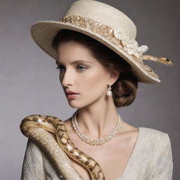 A long, elegant snake adorned with high fashion accessories such as pearls and a designer hat, its scales gleaming as if they were inlaid with precious stones.