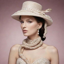 A long, elegant snake adorned with high fashion accessories such as pearls and a designer hat, its scales gleaming as if they were inlaid with precious stones.