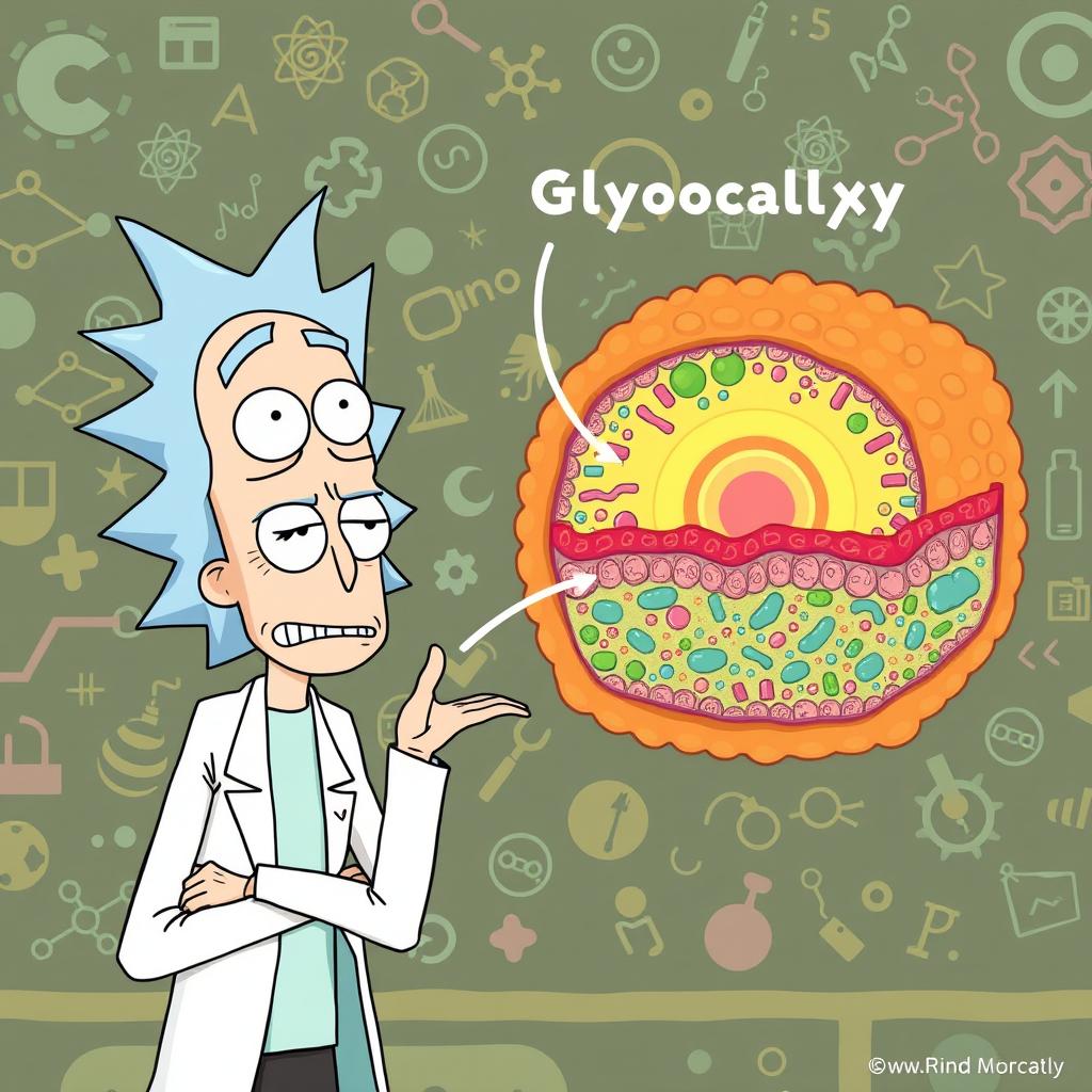 Rick from "Rick and Morty" standing playfully next to a detailed glycoprotein-rich glycocalyx layer of a plasma membrane