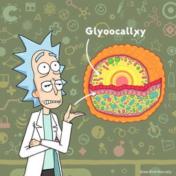 Rick from "Rick and Morty" standing playfully next to a detailed glycoprotein-rich glycocalyx layer of a plasma membrane