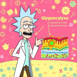 Rick from "Rick and Morty" standing playfully next to a detailed glycoprotein-rich glycocalyx layer of a plasma membrane