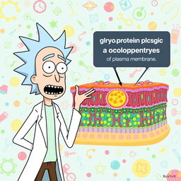 Rick from "Rick and Morty" standing playfully next to a detailed glycoprotein-rich glycocalyx layer of a plasma membrane