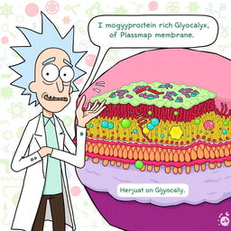 Rick from "Rick and Morty" standing playfully next to a detailed glycoprotein-rich glycocalyx layer of a plasma membrane