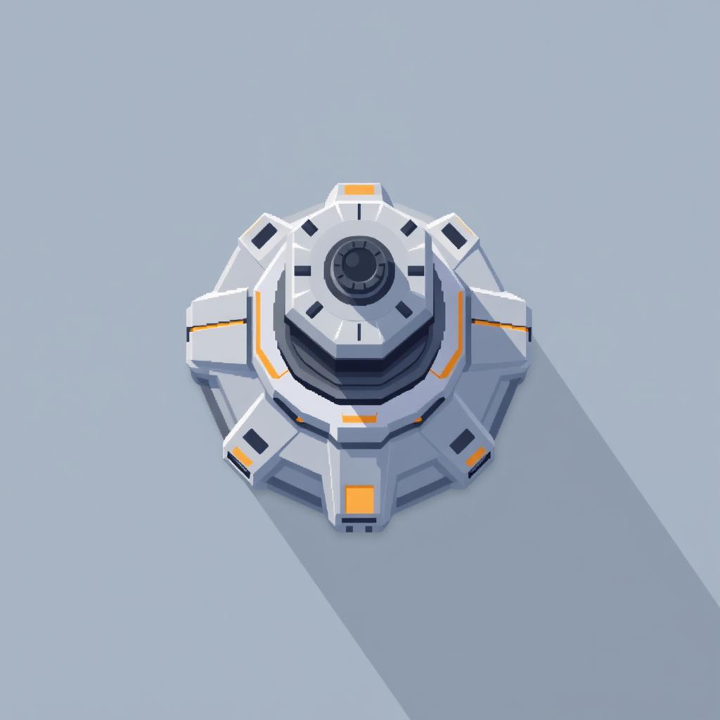 A top-down view of a laser turret designed in minimalistic pixel art style