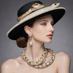 A long, elegant snake adorned with high fashion accessories such as pearls and a designer hat, its scales gleaming as if they were inlaid with precious stones.