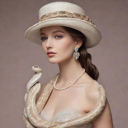 A long, elegant snake adorned with high fashion accessories such as pearls and a designer hat, its scales gleaming as if they were inlaid with precious stones.